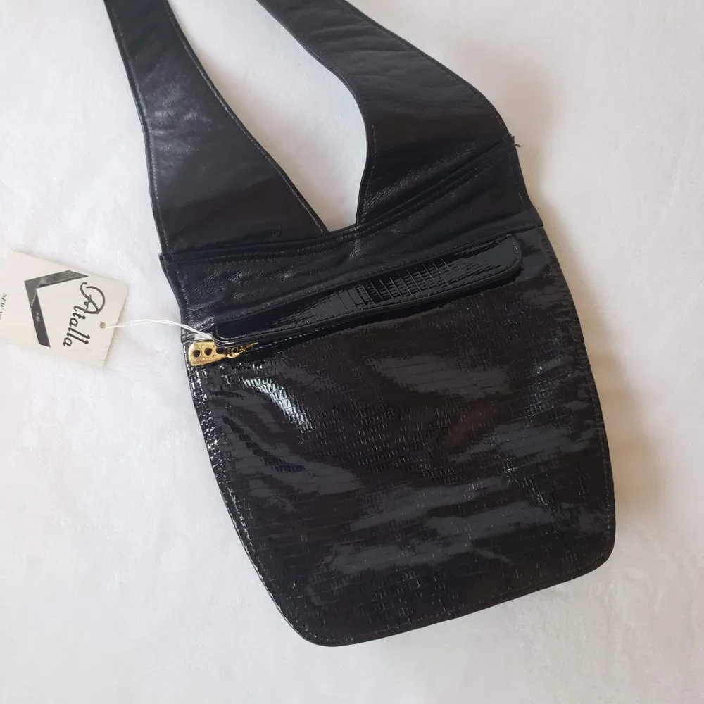 VINTAGE Atalla Handbags Leather Saddlebag Press Lock Deadstock Black Gold - Picture 5 of 12